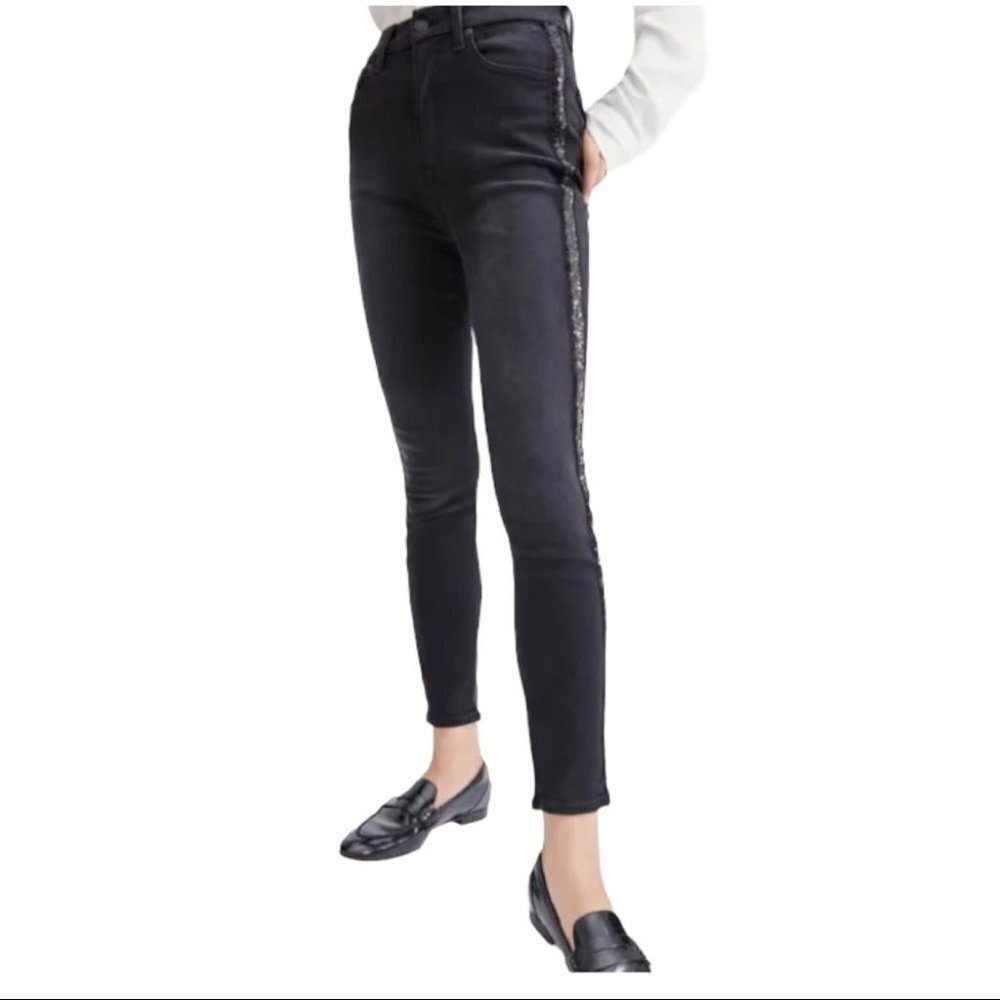 NEW Jewelly Smoky Black Skinny High Rise Tweed Strip Jeans Size 28/XS